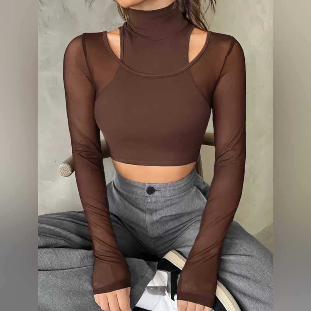 Brown Long Sleeve Cutout Bodysuit